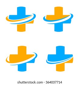 Set of vector cross logo. Religious symbols collection. Medical sign. Graphic addition symbol. Ambulance logotype. Medical center. Treatment room. Plus yellow and blue color. Funeral service.