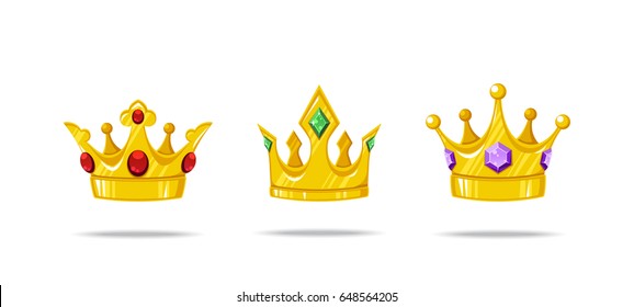 Set of vector crowns with gems ruby, emerald and sapphire. Decorative royal design elements isolated on a white background.