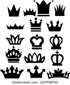 Set of vector crowns icons in black color.
