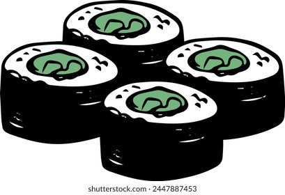 Set of vector cucumber sushi roll hand drawn doodle style side view isolated on white background. Vector illustration of kappa maki sushi roll. Asian food, Japanese sushi isolated