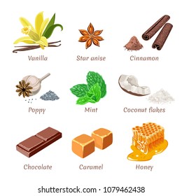 Set of vector culinary spices, seasonings, sweets. Vanilla, mint, star anise, cinnamon, coconut flakes, poppy seeds, chocolate, caramel, honey. Bright illustration in cartoon simple flat style.