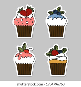 Conjunto de pegatinas de quequitos vectoriales aisladas en fondo gris. Elementos de diseño de comida para el menú, logotipo de panadería, web, postales, pegatinas.