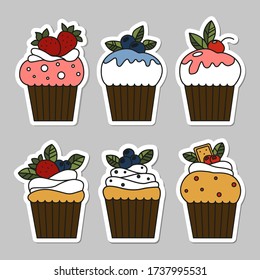 Conjunto de pegatinas de quequitos vectoriales aisladas en fondo gris. Elementos de diseño de comida para el menú, logotipo de panadería, web, postales, pegatinas.