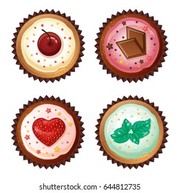 Set of vector cupcakes  with cherries, chocolate, strawberries and mint. Top view flat icon.