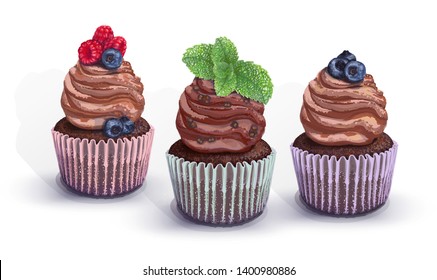 Set of vector cupcakes. A chocolate gentle wet biscuit with a chocolate soft air cream cheese ,mint-flavored, with juicy fresh blueberry, raspberry, chocolate pieces, mint. Color paper got wet of cake