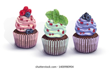 Set of vector cupcakes. A chocolate gentle wet biscuit with a colorful soft air cream cheese ,mint-flavored, with juicy fresh blueberry, raspberry pieces, mint. Colorful paper got wet from the cake