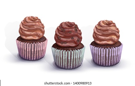 Set of vector cupcakes. A crumbly, chocolate gentle wet biscuit muffin with a chocolate tender and soft air cream cheese with chocolate pieces. Colorful paper got wet from the juiciness of the cake