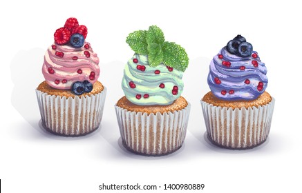 Set of vector cupcakes. A crumbly, gentle wet biscuit with a colorful soft air cream cheese ,mint-flavored, with juicy fresh blueberry, raspberry pieces, mint. Paper got wet from the juiciness of cake