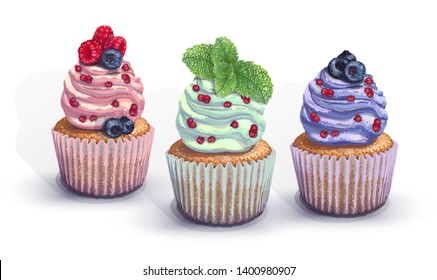 Set of vector cupcakes. A crumbly, gentle wet biscuit with a colorful soft air cream cheese ,mint-flavored, with juicy fresh blueberry, raspberry pieces, mint. Colorful paper pot got wet from the cake