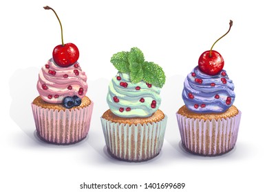 Set of vector cupcakes. A crumbly, gentle wet biscuit with a colorful soft cream cheese ,mint-flavored, with juicy fresh blueberry, raspberry pieces, mint, cherry. Paper got wet from cake juiciness.