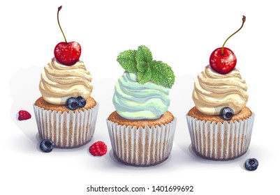 Set of vector cupcakes. A crumbly, gentle wet biscuit with a stunning soft air cream cheese ,mint-flavored, with fresh blueberry, raspberry, mint, cherry. Paper got wet from the juiciness of the cake.