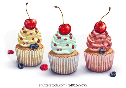 Set of vector cupcakes. A crumbly, gentle wet biscuit with a colorful soft cream cheese ,mint-flavored, with juicy fresh blueberry, raspberry pieces, cherry. Paper got wet from cake juiciness.