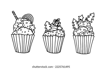 Set of vector cupcakes. Hand drawn doodle of cakes. New Year's baking