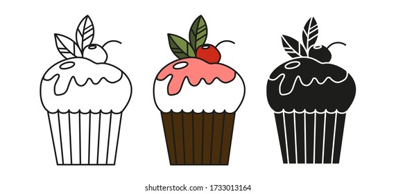 Set of vector cupcakes isolated on white background. Outline, silhouette and colored cupcake. Food design elements for the menu, bakery logo, web, postcards.