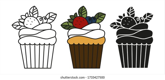 Set of vector cupcakes isolated on white background. Outline, silhouette and colored cupcake. Food design elements for the menu, bakery logo, web, postcards.