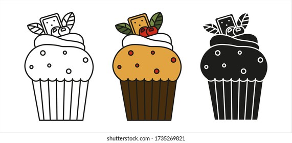 Set of vector cupcakes isolated on white background. Outline, silhouette and colored cupcake. Food design elements for the menu, bakery logo, web, postcards.