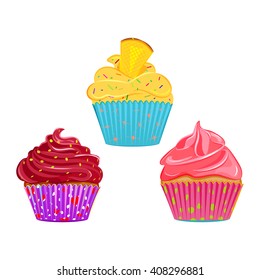 Set of vector cupcakes, muffins with different toppings and cases. Cream topping with sprinkles cupcake collection isolated on white. Great as web icons, design elements or labels, wrapping paper