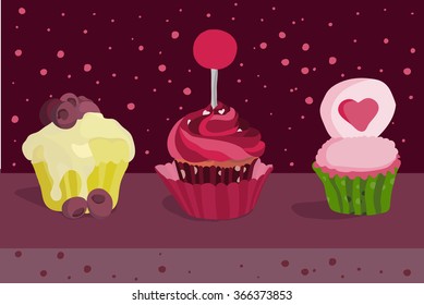 set of vector cupcakes on display in the store