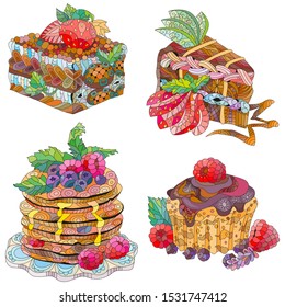 Set of vector cupcakes and pancakes with chocolate and raspberry for coloring