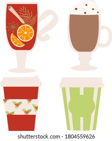 Set Of Vector Cups And Glasses With Hot Drinks: Coffee, Cocoa,tea, Mulled Wine, Punch. Coffee To Go. Illustration Isolated On A White Background.