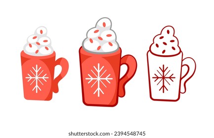 Set of vector cups with hot chocolate and cream in Christmas style.