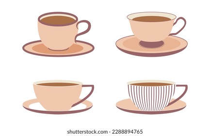 set of vector cups for tea with saucer in flat style