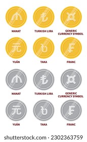 Set of vector currency icons and symbols. manat, franc, Turkish lira, yuan, taka, universal currency designation.