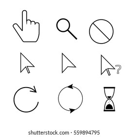 Set of vector cursors of a mouse. Cursors: targeting, expectation, targeting with a question, increase, the choice, prohibition