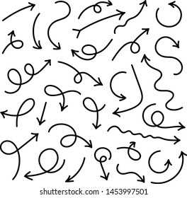 Satz von Vektorillustration-Kurve Pfeilen. Handgezeichnete Pfeile im Doodle-Stil.