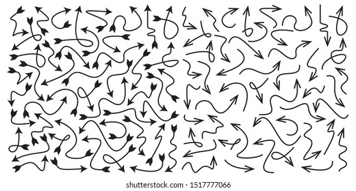 Set of vector curve arrows. Hand drawn in doodle style.