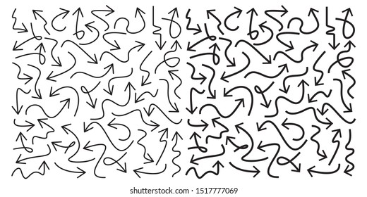 Set of vector curve arrows. Hand drawn in doodle style.