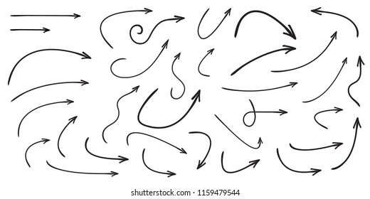 Set of vector curved arrows hand drawn. Sketch doodle style. Collection of pointers. - Shutterstock ID 1159479544