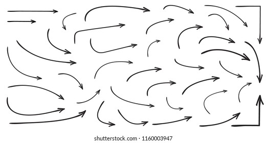 Set of vector curved arrows hand drawn. Sketch doodle style. Collection of pointers.