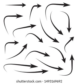 Set of vector curved arrows hand drawn. Collection of pointers.