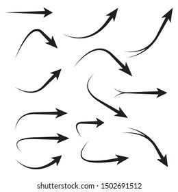 Set of vector curved arrows hand drawn. Collection of pointers.