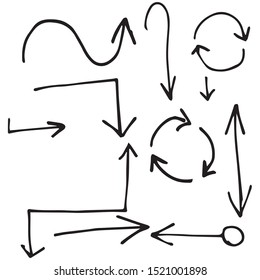 Set of vector curved arrows hand drawn. Sketch doodle style. Collection of pointers.
