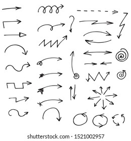 Set of vector curved arrows hand drawn. Sketch doodle style. Collection of pointers.
