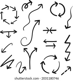 Set of vector curved arrows hand drawn. Hand drawn arrow. Cycle arrow. Sketch doodle style. Collection of pointers