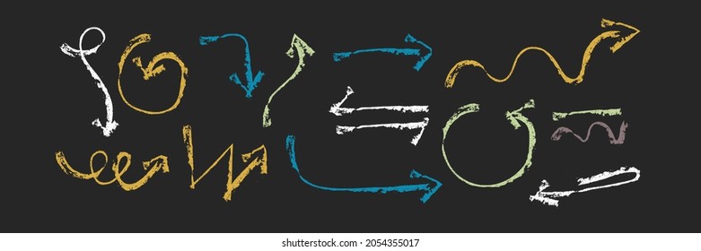 Conjunto de flechas vectoriales curvadas dibujadas a mano. Esbozar el estilo del doodle. Colección de punteros.