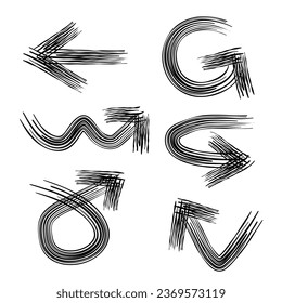 Set of vector curved arrows hand drawn. Sketch doodle style. Collection of pointers.