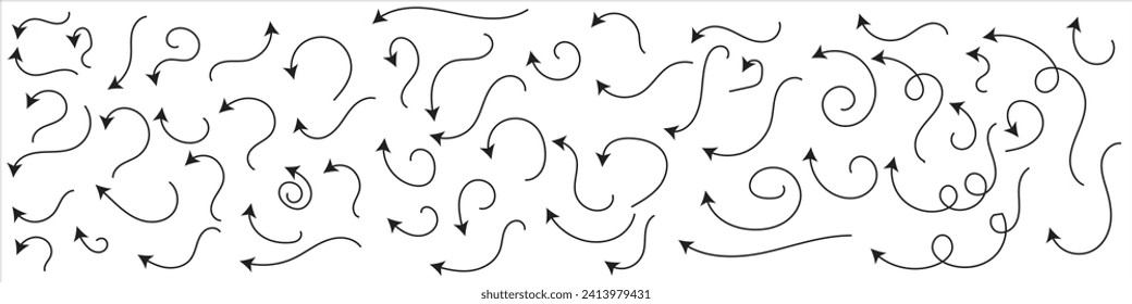 Set of vector curved arrows hand drawn. Sketch doodle style. Zigzag arrow stripes design with lines.  Collection of pointers.