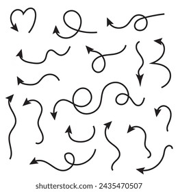 Set of vector curved arrows hand drawn. Sketch doodle style. Collection of pointers.