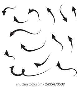 Set of vector curved arrows hand drawn. Sketch doodle style. Collection of pointers.