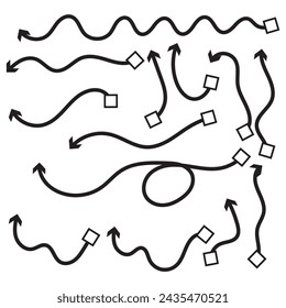 Conjunto de flechas curvas vectoriales dibujadas a mano. Dibujo estilo garabato. Colección de punteros.