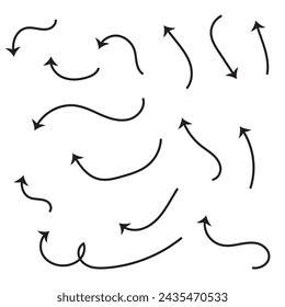 Set of vector curved arrows hand drawn. Sketch doodle style. Collection of pointers.