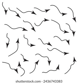 Set of vector curved arrows hand drawn. Sketch doodle style. Collection of pointers.