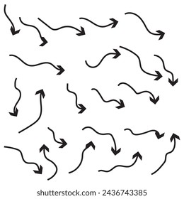 Set of vector curved arrows hand drawn. Sketch doodle style. Collection of pointers on white background, eps10