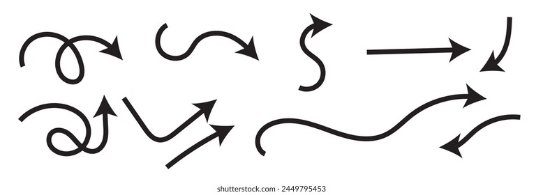 Set of vector curved arrows hand drawn. Sketch doodle style. Collection of pointers.