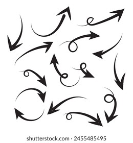 Conjunto de flechas curvas de Vector dibujado a mano. Dibujo estilo garabato. Colección de punteros.