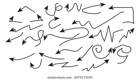 Conjunto de flechas curvas de Vector dibujado a mano. Dibujo estilo garabato. Colección de punteros.Conjunto de flechas curvas de Vector dibujado a mano. Dibujo estilo garabato. Colección de punteros.